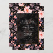 ムーディフローラヴィンテージブラック+ピンク任意の年齢誕生日 招待状 (正面/裏面)