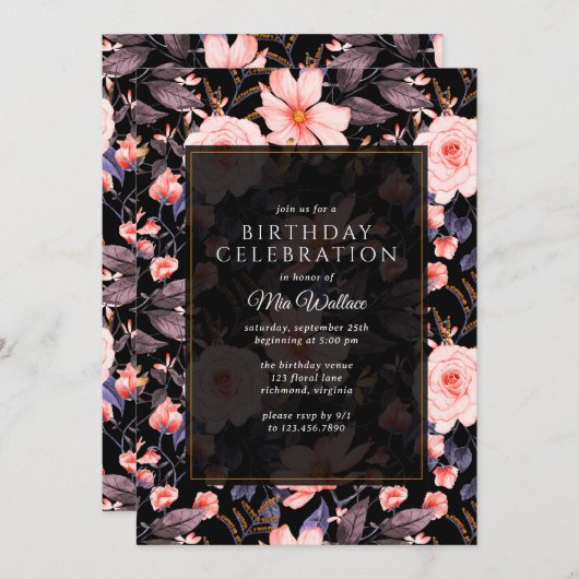 ムーディフローラヴィンテージブラック+ピンク任意の年齢誕生日 招待状 (正面/裏面)