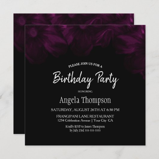 ムーディブラックとピンクのフローラ誕生日パーティー 招待状 (正面/裏面)