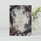 ムーディブラックとホワイトのフローラ結婚のデザイン 招待状 (スタンド正面)
