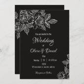 ムーディブラックとホワイト牡丹のスケッチ結婚式の招待 招待状 (正面/裏面)