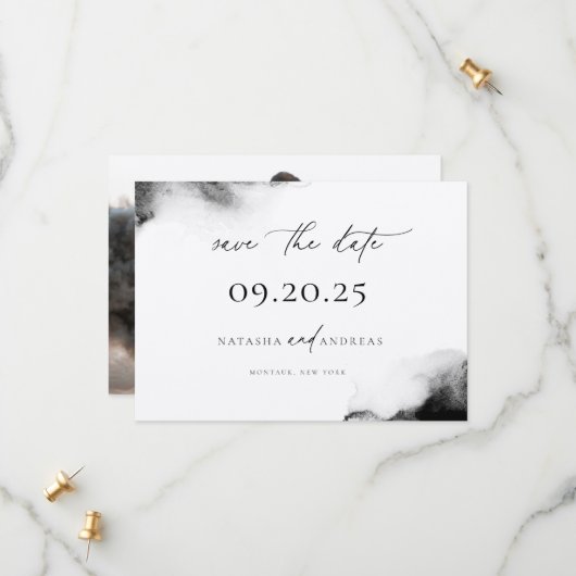 ムーディブラックウォーター色ミニマル結婚リストの写真 セーブザデート (正面/裏面インサイチュ)