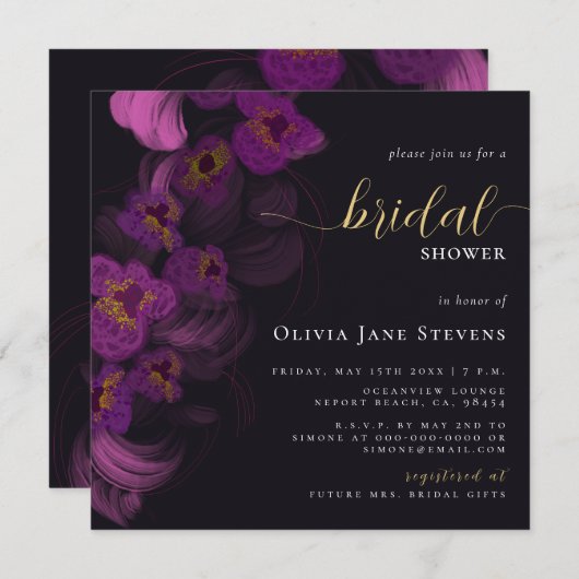 ムーディブラックダークパープルオーキッシュシックブライダルシャワー 招待状 (正面/裏面)
