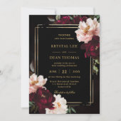 ムーディブラックバーガンディピンクの芍薬の花ウェディング 招待状 (正面)