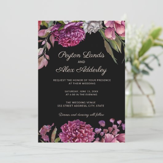 ムーディブラックパープルフラワーズ結婚式招待状 招待状 (スタンド正面)