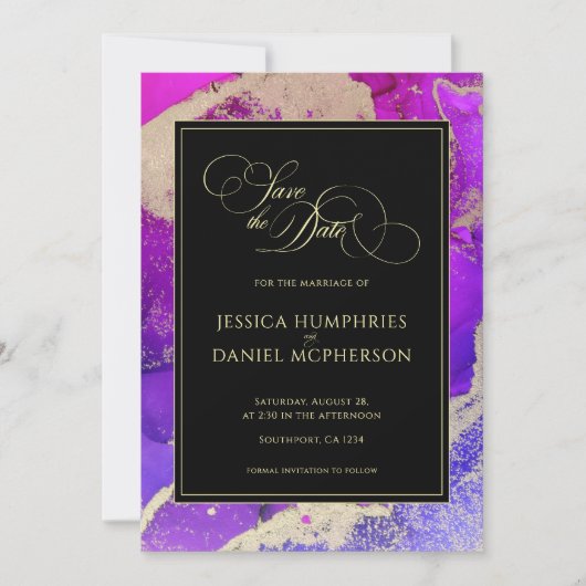 ムーディブラックピンク金ゴールドパープル結婚抽象芸術 セーブザデート (正面)