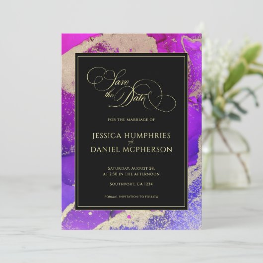 ムーディブラックピンク金ゴールドパープル結婚抽象芸術 セーブザデート (スタンド正面)