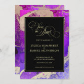 ムーディブラックピンク金ゴールドパープル結婚抽象芸術 セーブザデート (正面/裏面)