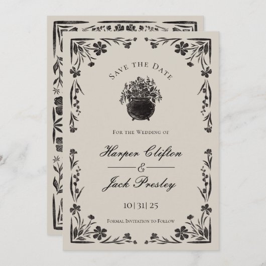 ムーディブラックフローラゴシック結婚式の日付を保存 招待状 (正面/裏面)