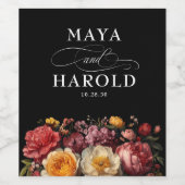 ムーディブラックフローラボタニカル結婚ズ ワインラベル (シングルラベル)