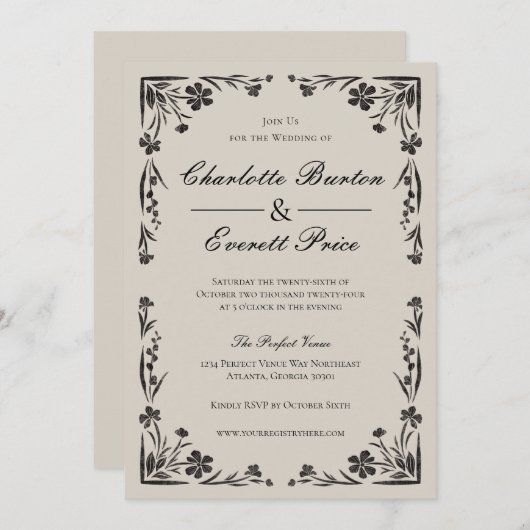 ムーディブラックフローラ結婚式招待状 招待状 (正面/裏面)