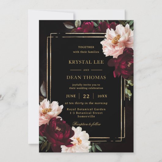 ムーディブラックブルゴーニュ赤面フローラ牡丹結婚ズ 招待状 (正面)