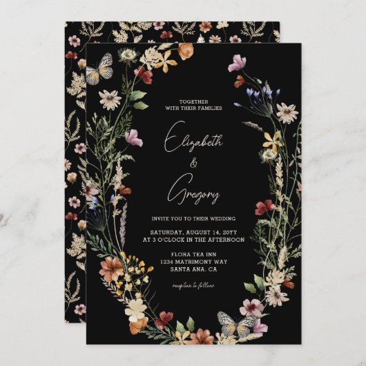 ムーディブラックボホワイルドフラワー結婚式招待状 招待状 (正面/裏面)