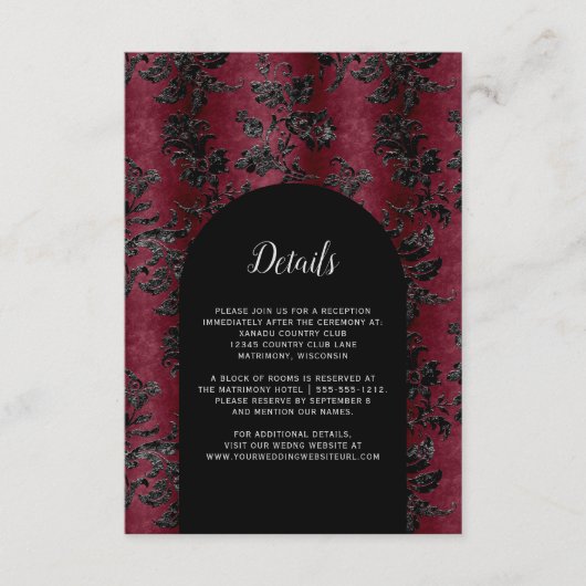 ムーディブルガンディブラックダマスクアーチ結婚ズ詳細 エンクロージャーカード (正面)