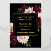 ムーディブルゴーニュ赤面フローラ結婚式の日付を保存 箔招待状 (正面)