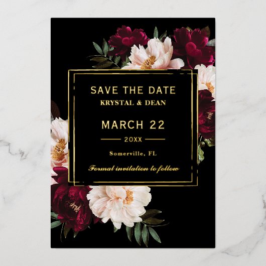 ムーディブルゴーニュ赤面フローラ結婚式の日付を保存 箔招待状 (正面)