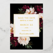 ムーディブルゴーニュ赤面フローラ結婚式の日付を保存 箔招待状 (正面)