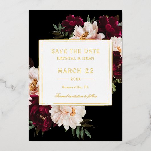 ムーディブルゴーニュ赤面フローラ結婚式の日付を保存 箔招待状 (正面)