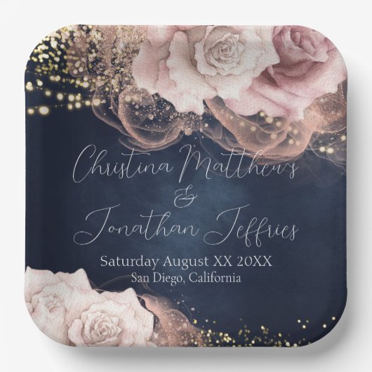 ムーディブルーのロマンチックな水の色のバラ結婚。 ペーパープレート (正面)