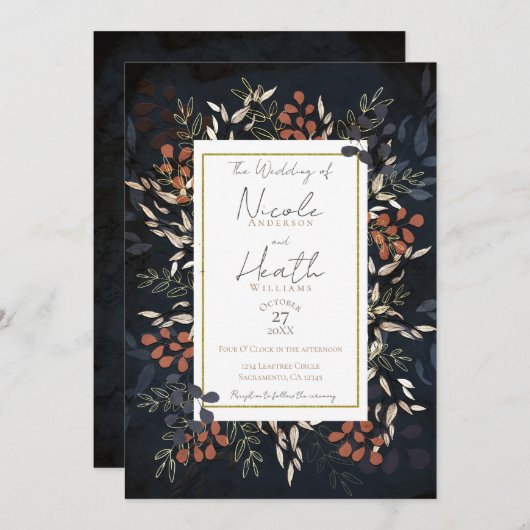 ムーディブルーはっきりした金ゴールドボ葉タニカル結婚ズ 招待状 (正面/裏面)