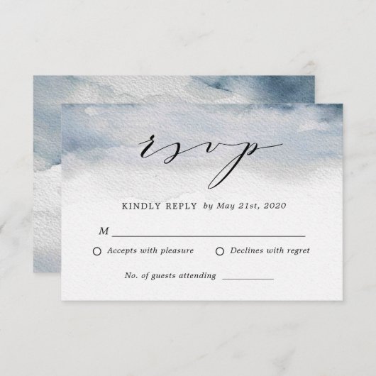 ムーディブルーウォーターカラーウェディングRSVP返信カード 出欠カード (正面/裏面)