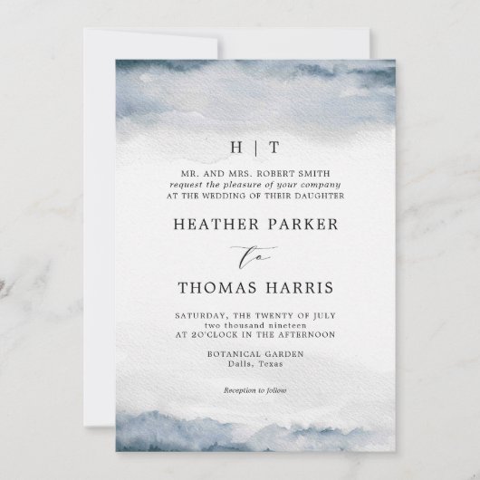 ムーディブルーウォーター色クラシックのエレガントウェディング 招待状 (正面)