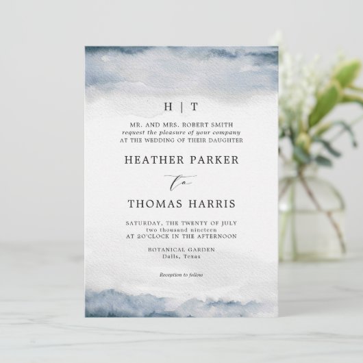 ムーディブルーウォーター色クラシックのエレガントウェディング 招待状 (スタンド正面)