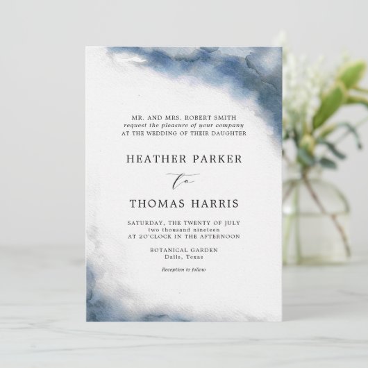 ムーディブルーウォーター色クラシックのエレガントウェディング 招待状 (スタンド正面)