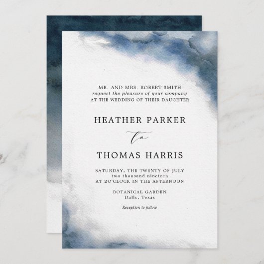 ムーディブルーウォーター色クラシックのエレガントウェディング 招待状 (正面/裏面)