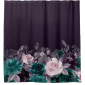 ムーディボーホ |ダークナス紫とティール(緑がかった色)フローラ シャワーカーテン (正面)