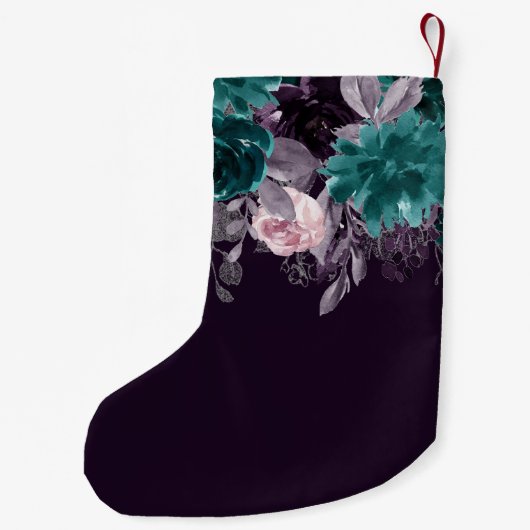 ムーディボーホ |ダークナス紫とティール(緑がかった色)フローラ スモールクリスマスストッキング (裏面)