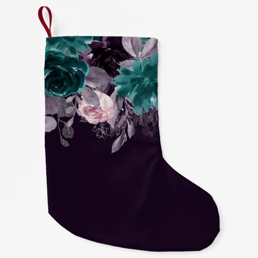 ムーディボーホ |ダークナス紫とティール(緑がかった色)フローラ スモールクリスマスストッキング (正面)