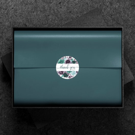 ムーディボーホ | ティール（緑がかった色）とパープルバラフローラありがとう ラウンドシール