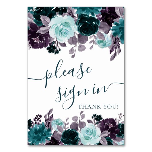 ムーディボーホ |ティール（緑がかった色）と紫のフローラサインイン テーブルナンバー (正面)