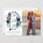 ムーディボーホ |ティール(緑がかった色)の暗いフローラ写真の保存日付 マグネット招待状 (正面)