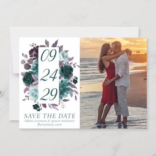 ムーディボーホ |ティール(緑がかった色)の暗いフローラ写真の保存日付 マグネット招待状 (正面)