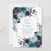 ムーディボーホ |ティール（緑がかった色）ターコイズダークフローラ結婚ズ 招待状 (正面)