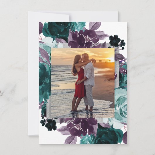 ムーディボーホ |ティール(緑がかった色)フローラリースモノグラム結婚ズ 招待状 (裏面)