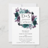 ムーディボーホ |ティール(緑がかった色)フローラリースモノグラム結婚ズ 招待状 (正面)