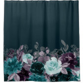 ムーディボーホ | 深いティール(緑がかった色)ターコイズとパープルフローラ シャワーカーテン (正面)
