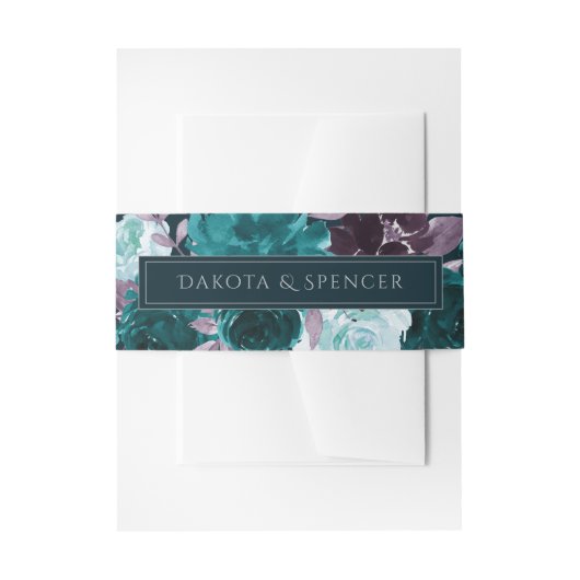 ムーディボーホ |深いティール（緑がかった色）ターコイズパープルガーランド 招待状ベリーバンド (正面例)