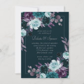 ムーディボーホ |深いティール(緑がかった色)ターコイズパープルブーケ 招待状 (正面)