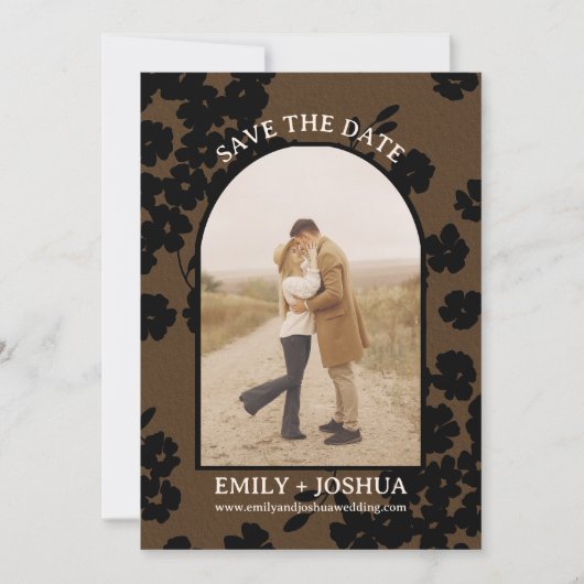 ムーディモダンフローラフラット日付カードの茶色を保存 セーブザデート (正面)