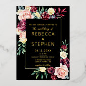 ムーディモダンーダークバーガンディフローラ金ゴールド結婚の 箔招待状 (正面)