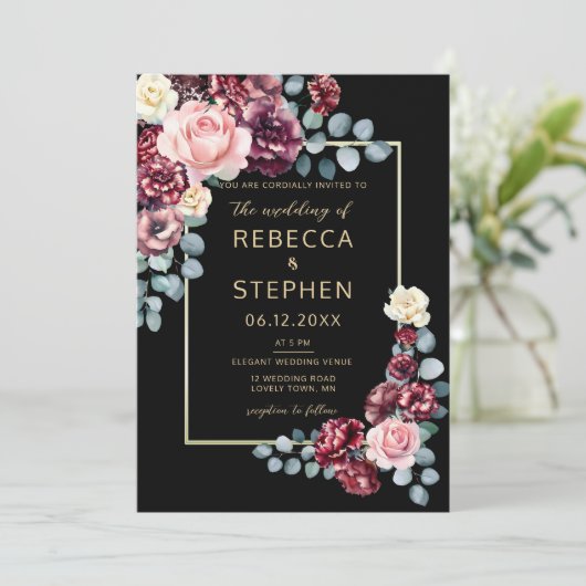 ムーディモダンーダークバーガンディーバイオレットブラック結婚ズ 招待状 (スタンド正面)