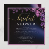ムーディモダンーブラックダークパープルフレームブライダルシャワー 招待状 (正面/裏面)
