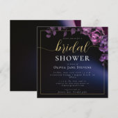 ムーディモダンーブラックダークパープルフレームブライダルシャワー 招待状 (正面/裏面)