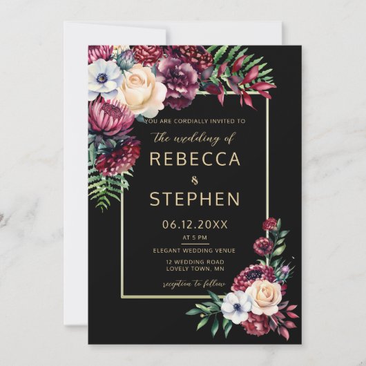 ムーディモダン・ダークエレガント・バルグンディ結婚ブラック 招待状 (正面)