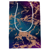 ムーディラグジュアリーマーブル |深いパープルとティール(緑がかった色)バラ金ゴールド ミディアムペーパーバッグ (正面)