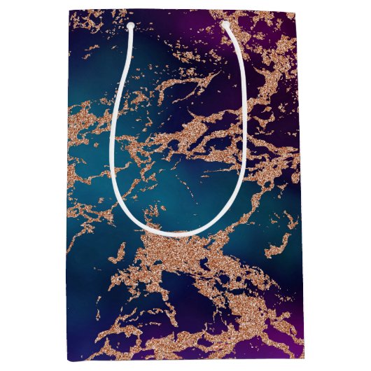 ムーディラグジュアリーマーブル |深いパープルとティール（緑がかった色）バラ金ゴールド ミディアムペーパーバッグ (正面)